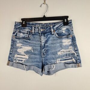 American Eagle Womens Distressed Mom Short Medium Wash Blue Denim Sz 6 High Rise